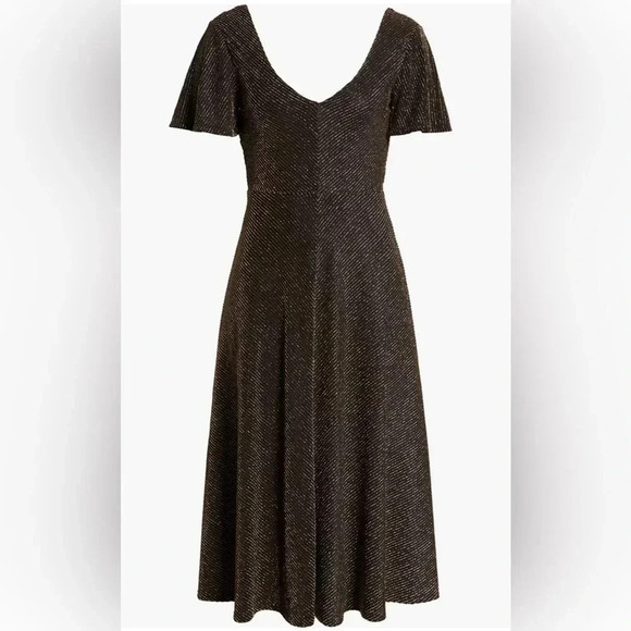 NWOT LEITH gold pin stripe fit & flare flutter sleeve v neck tie belt dress XS-M - Picture 1 of 15